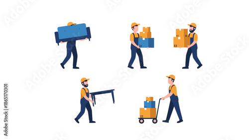 Professional movers in yellow and blue uniforms efficiently transporting household items, including a sofa, table, and stacks of boxes.
