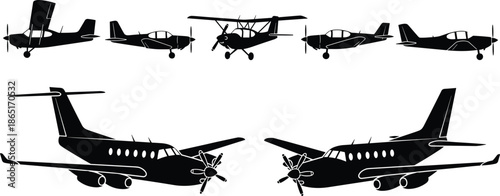 Airplane silhouette set featuring propeller and jet aircraft side views for aviation icons, transport design, and travel concepts