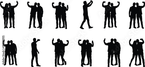 Friends taking selfies silhouette set showing male couples posing together, celebrating friendship moments isolated on white background for design use