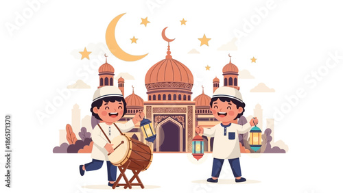 Flat design vector illustration of happy Muslim children celebrating Ramadan by playing bedug and carrying lanterns in front of a mosque. Featuring crescent moon, stars, and Islamic architecture