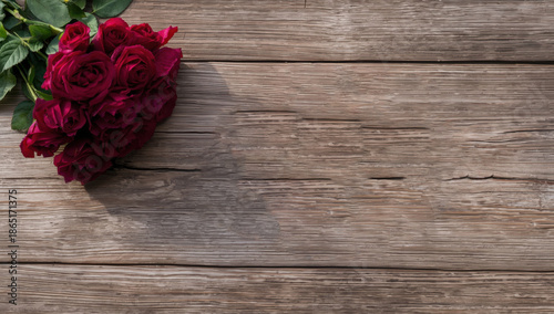 Rustic Wooden Background with Bouquet of Red Roses Page Top Border Design Element