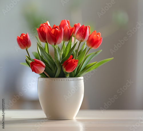 Czerwone tulipany w białej doniczce na jasnym tle – wiosenna dekoracja domu, świeże kwiaty i minimalistyczna kompozycja © Henryk Guziak