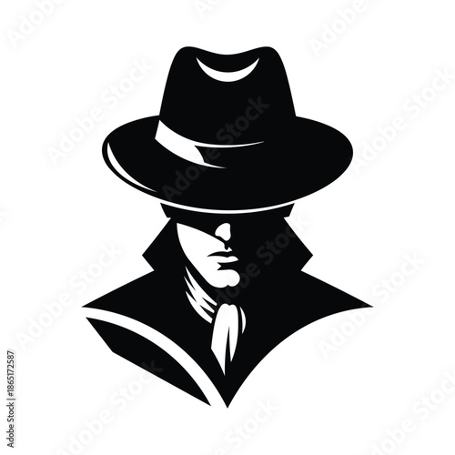 Noir detective silhouette in fedora hat & trench coat. Mysterious spy, mafia gangster or agent vector logo icon.