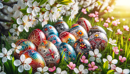 Intricately designed Easter eggs rest among vibrant green grass and delicate cherry blossoms. The colorful eggs, adorned with traditional folk patterns in reds, blues, and blacks, create a beautiful