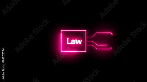 Law- text neon  bright magenta red color animation on black background.  Rectangle frame neon text letter animation.