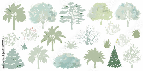 A collection of stylized trees and plants in muted pastel tones