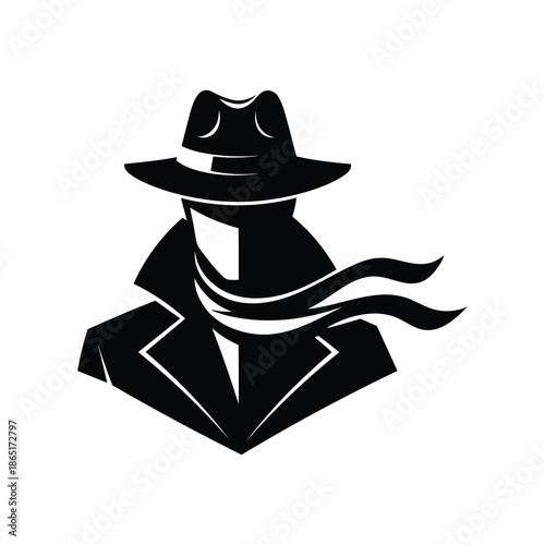 Mysterious spy silhouette vector logo. Detective in fedora hat & trench coat. Incognito hacker or secret agent icon.