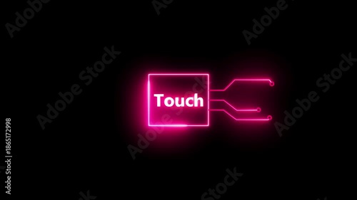 Touch- text neon bright magenta red color animation on black background.  Rectangle frame neon text letter animation.