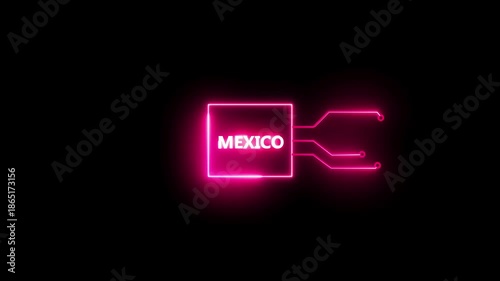 Mesico- text neon bright magenta red color animation on black background.  Rectangle frame neon text letter animation.