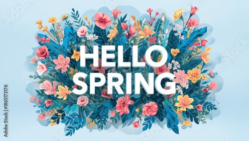 Vibrant Spring Floral Greeting Card Design with Hello Spring Text Vector Illustration Page Border