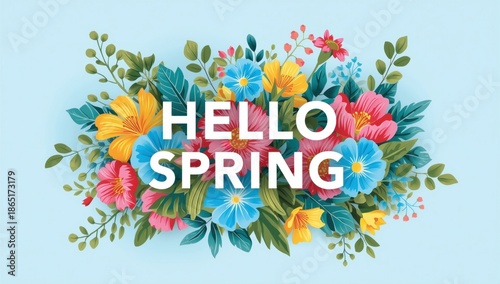 Vibrant Spring Floral Greeting Card with Hello Spring Text on Colorful Blooming Flowers and Foliage Background