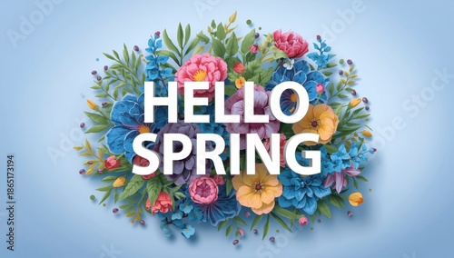 Vibrant Spring Header Background with Hello Spring Text in Vector Illustration Style