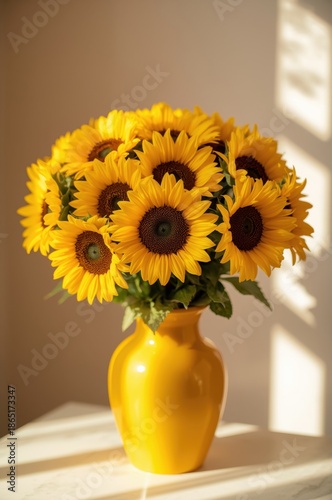 Vibrant Sunflower Bouquet in Bright Yellow Vase on White Table with Soft Natural Lighting