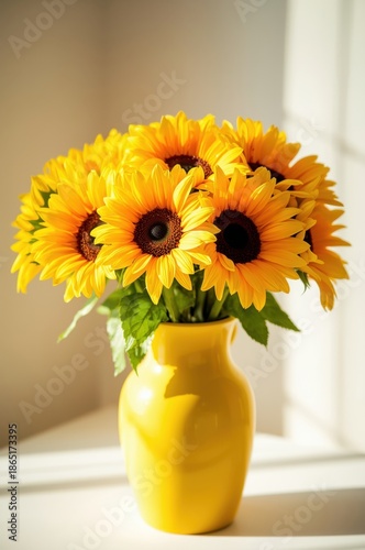 Vibrant Sunflowers in Bright Yellow Vase on Windowsill with Soft Natural Light