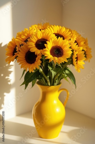 Vibrant Sunflower Bouquet in Bright Yellow Vase with Natural Light and Shadows ...