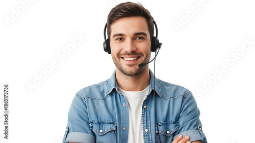 Smiling young man wearing headset and denim shirt standing confidently with arms crossed