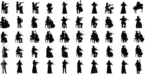 Large set of classical orchestra musician silhouettes playing string and brass instruments isolated on white background for music and design use