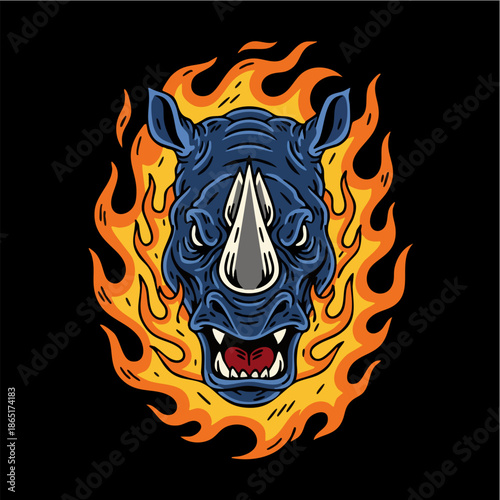 Angry Blue Rhino Head Mascot with Horn and Burning Fire