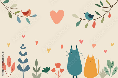 Vector invitation with cats and birds