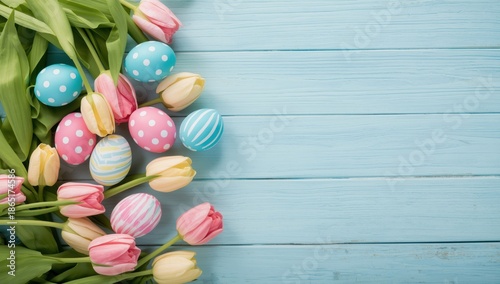 Vibrant Easter Tulips and Decorated Eggs on Soft Blue Wooden Background - Spring Floral Arrangement