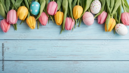 Vibrant Tulips and Decorated Easter Eggs on Soft Blue Wooden Background - Spring Floral Arrangement ...