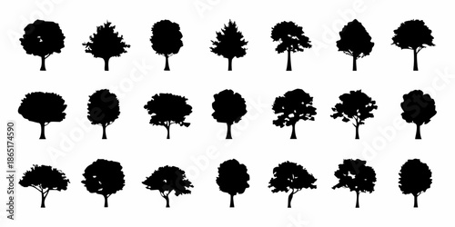 Collection of various black silhouette trees in different shapes and sizes