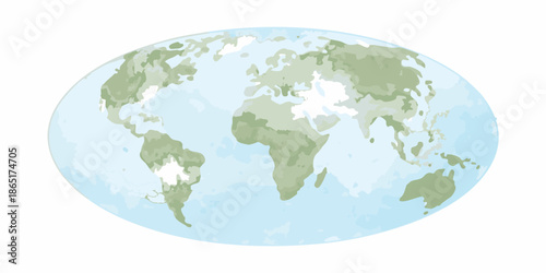 A stylized illustration of the earth showing landmasses and polar ice caps