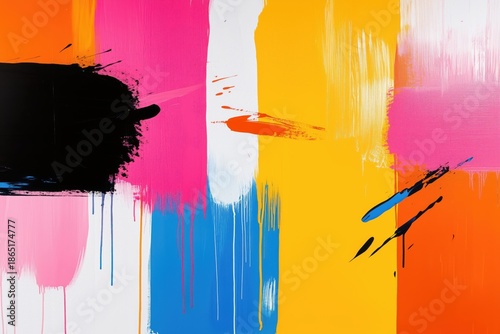 Abstract color block painting with bold black, pink, yellow, blue and orange brush strokes on white background — ideal for modern art, interior design and creative expression content.