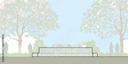 A minimalist landscape illustration featuring trees a stage and a blue sky