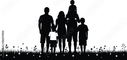 Black family silhouette of five standing on grass, parents with three children and child on shoulders, outdoor nature vector, white background.