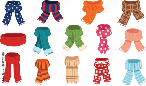 Assorted scarf collection in grid layout, winter fashion accessories, colorful textile designs, flat vector illustration, seasonal style showcase
