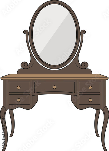 Vintage vanity table, wooden furniture, oval mirror, antique design, bedroom decor, dressing table, elegant drawers, classic style, ornate legs, interior