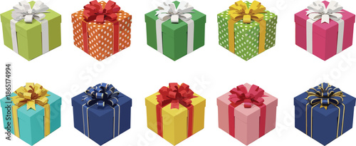 Colorful 3D gift box collection with ribbons and bows isolated on white background for celebration, holiday, birthday, and festive design concepts