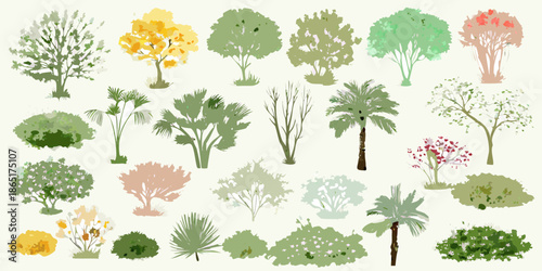 A colorful collection of various tree and shrub illustrations on a white background