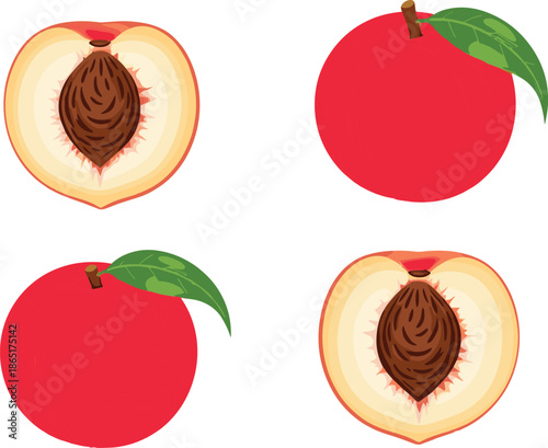 Whole and halved peach illustrations, fruit anatomy comparison, food icon set, flat vector design, healthy snack theme