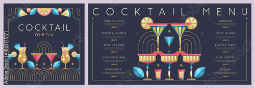 Retro holiday restaurant cocktail menu design on black background. Flat design. Vector illustration