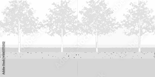 A minimalist grayscale landscape featuring silhouetted trees and ground cover
