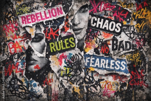 Grungy street art collage featuring torn posters, female faces, colorful graffiti, and bold words like 