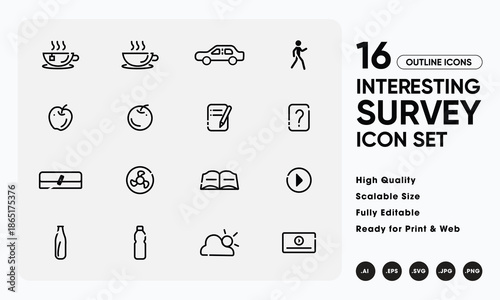 Minimal outline survey icons, clean monoline black strokes, consistent line weight, modern flat vector style, scalable & fully editable.