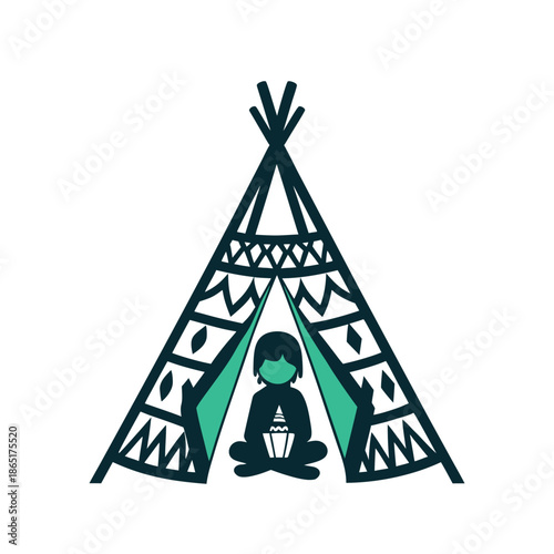 Cozy Teepee Tent with Child Enjoying Cupcake - Flat Vector Illustration