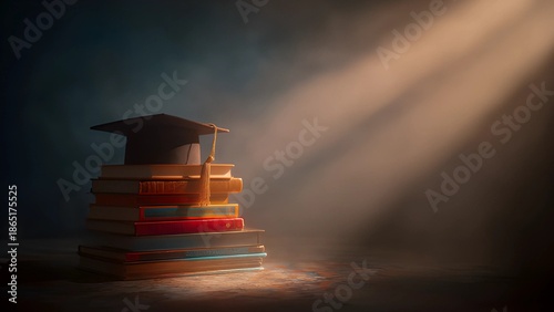 Graduation, academic cap, mortarboard trencher resting on a stack of books scholarly achievement. Education graduation academic achievement and higher education symbol. 