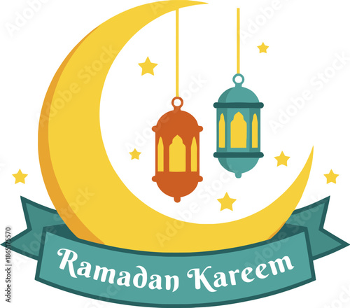 Ramadan Kareem crescent moon with hanging lanterns and stars illustration.