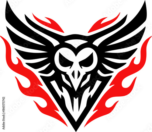 Aggressive tribal owl skull logo with wings and red flames.