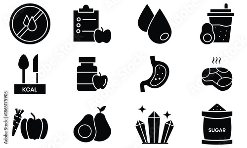 Nutrition icon vector set. Fitness and nutrition black symbols, food symbols, diet, health, vitamins, minerals, vegetables, natural, detox smoothie, minerals, digestion icon. Vector illustration.