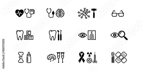 Collection of vector designs of medical equipment symbol icons set in modern, simple, clean and abstract style.