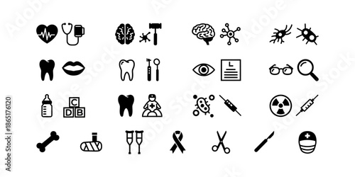 Collection of vector designs of medical equipment symbol icons set in modern, simple, clean and abstract style.