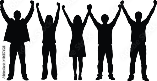 People silhouette group celebrating success with raised hands showing teamwork unity and victory isolated on white background for motivation and business concepts