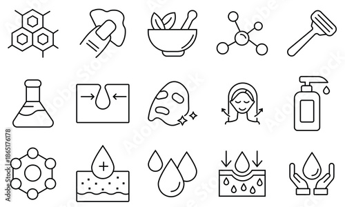 Skin care icon set. Set of 15 line icons related to skin care, cosmetics, cream, dermatology, facial care, serum, cleanser, lotion, skincare, beauty, moisturizer, face mask icon. Vector illustration.