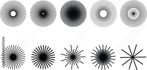 Collection of abstract radial sunburst and halftone circular shapes in black and white. Geometric dotted and linear designs ideal for backgrounds, logos, posters, branding and modern graphic projects.