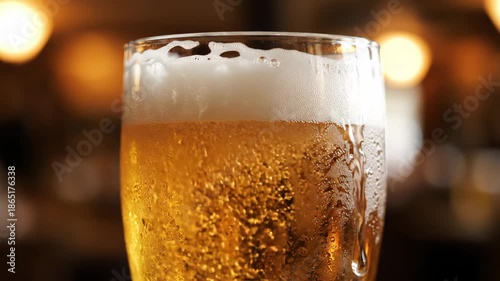 Wallpaper Mural Refreshing Beer with Condensation - A close-up shot reveals a frosty glass filled with golden beer, crowned with a fluffy white head. Torontodigital.ca